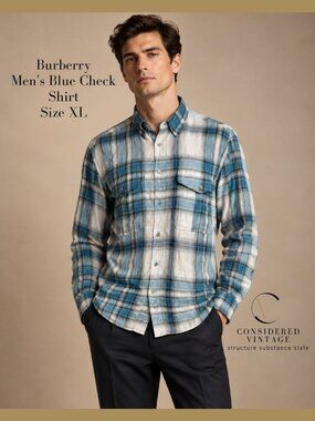 ✨Burberry Men's XL Plaid Blue Check Button Shirt NWOT Extra Button Attached✨